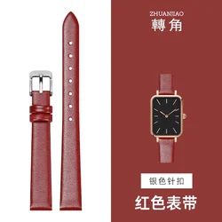 Premium Ultra - Thin Calfskin Leather Waterproof Watchband - Soft, Comfortable, and Versatile Watch Accessory - 14mm (Red - silver)