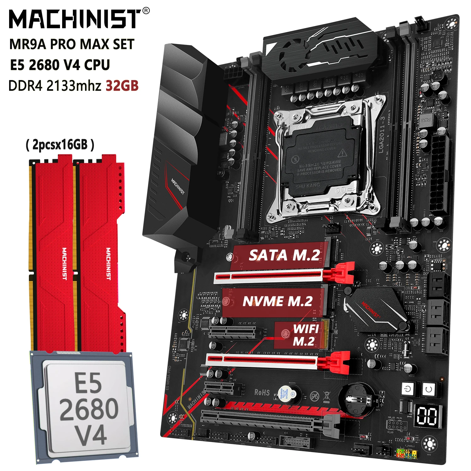 Machinist X99 Set Scheda Madre Lga 2011-3 Kit Xeon E5 2680 V4 Cpu 2 X16 = 32Gb Ddr4 Ecc Ram Memory Ssd Nvme M.2 Sata Mr9A Pro Max