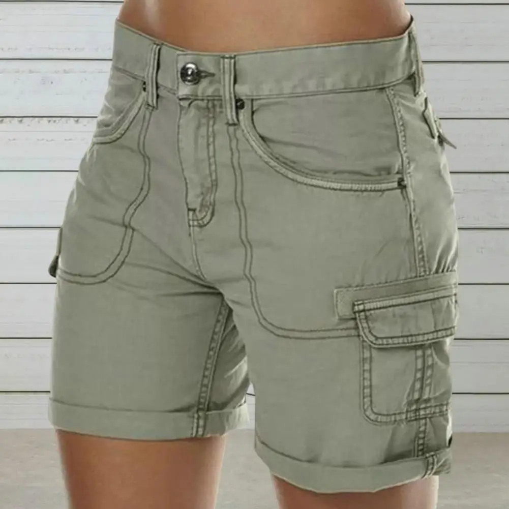 

Women Cargo Shorts High Waist Button Flying Multiple Pockets Thin Sweat Absorbing Summer Wide Leg Casual Mini Shorts Streetwear