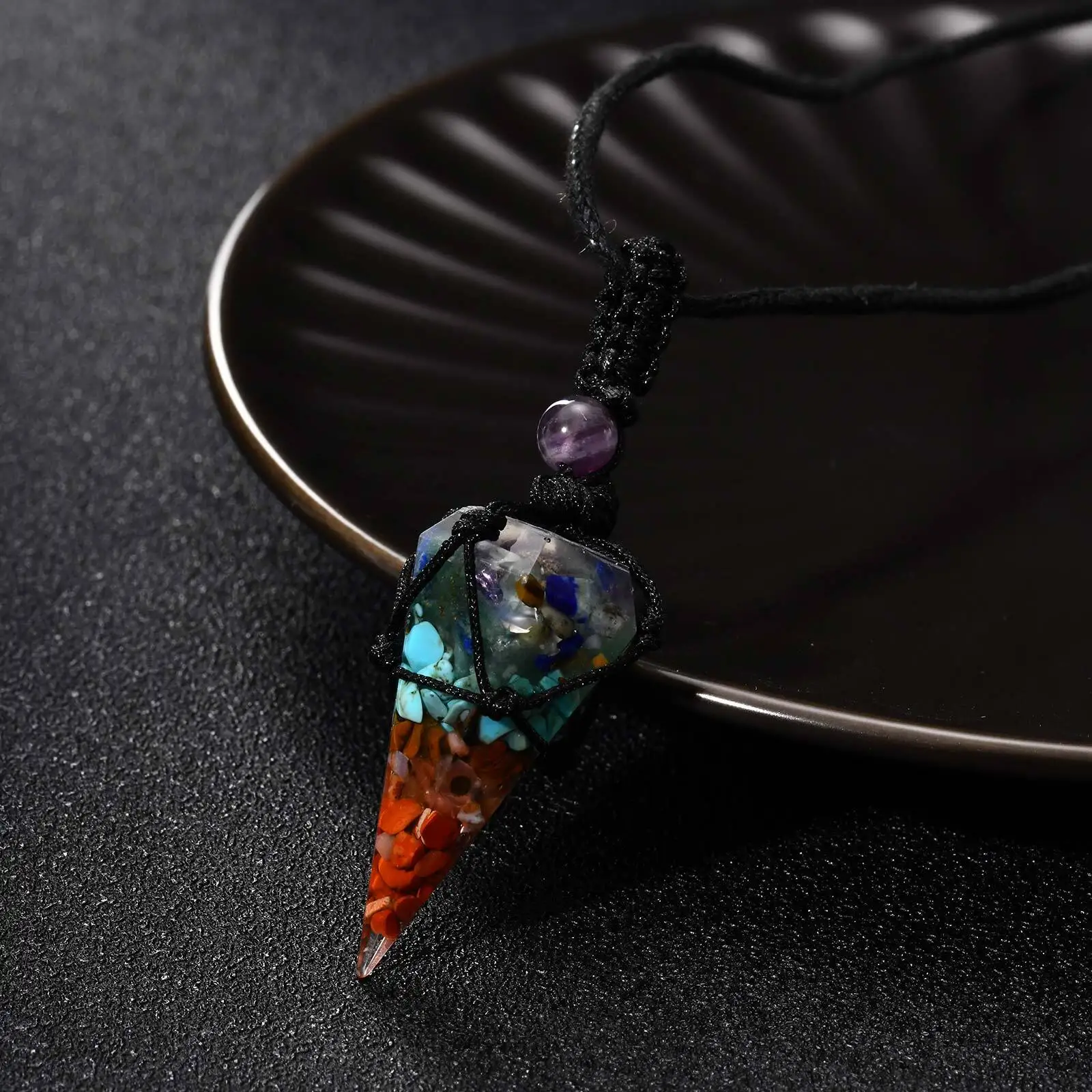 Natural Stone Pointed Necklace for Men,Adjustable Black Rope Healing Gemstone Pendant,Stylish Ethnic Cowboy Style Jewelry Gift