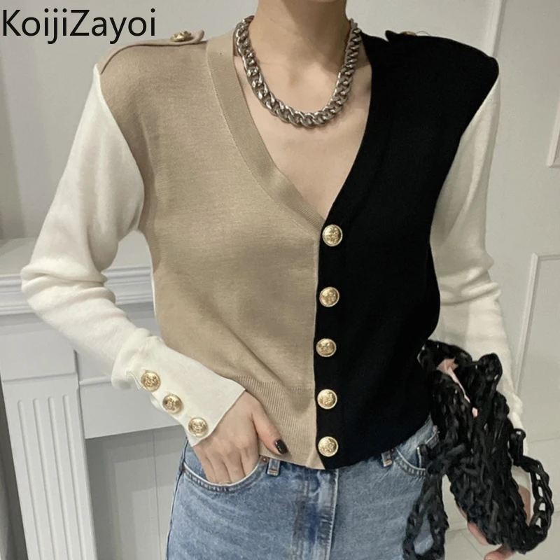 

Koijizayoi Korean Fashion Women Patchwork Cardigan Elegant Office Lady Chic Knit Kardigan Long Sleeves Fall Winter Outwear Tops