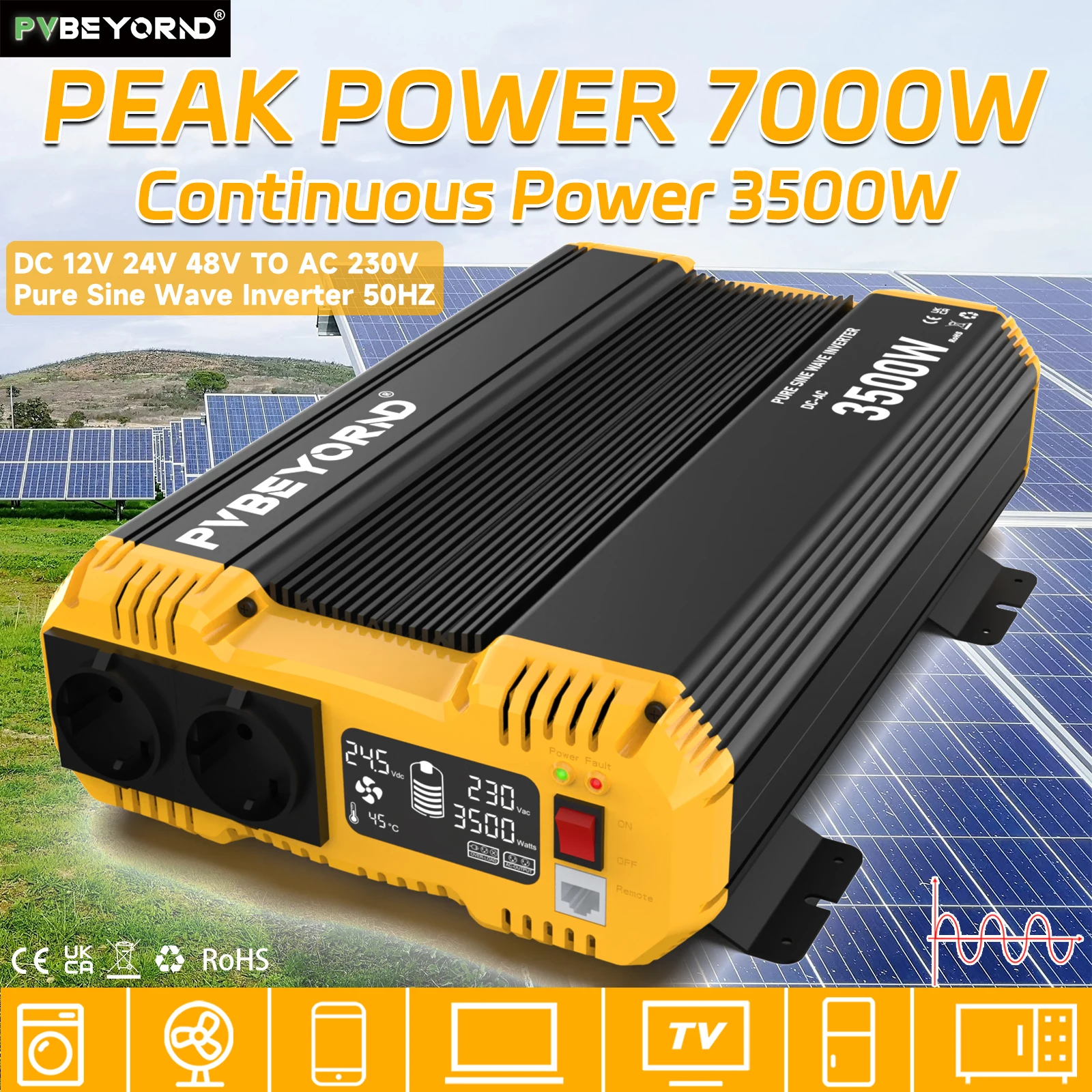 Pure Sine Wave Inverter 7000W DC 12V 24V 48V To AC 230V 50HZ Continuous Power 3500W Suitable Home RV