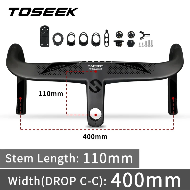 Cintre Vélo De Route En Fibre De Carbone TOSEEK - Chute Intégrée 130mm - Reach 89mm - Largeur 440mm - Diamètre De Serrage 28.6mm