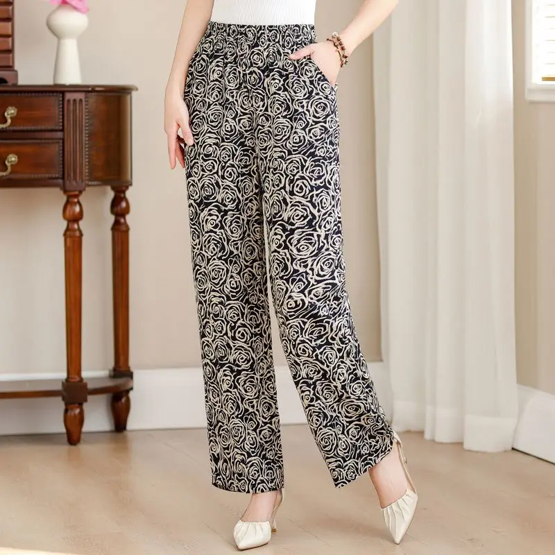 Spring Summer Women's Clothing Elastic High Waisted Pockets Sweatpants Plant&Flowers Printing Trousers Straight Elegant Pants