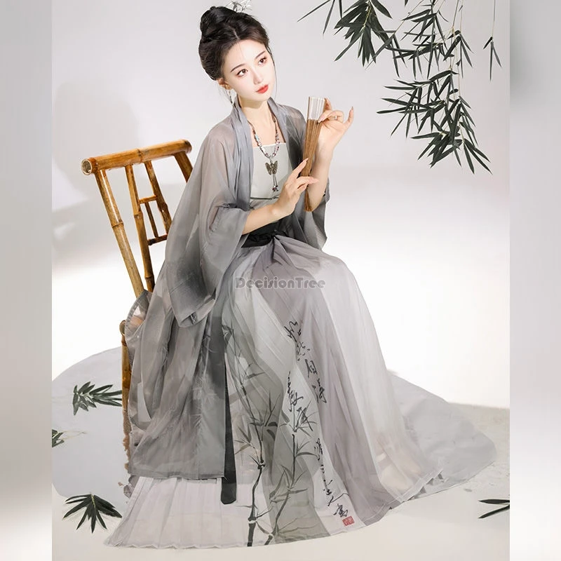 

2024 китайская династия ханьфу, Женский традиционный комплект ханьфу из пряжи с принтом, плиссированная юбка до талии, новинка, китайская повседневная одежда hanfu w376