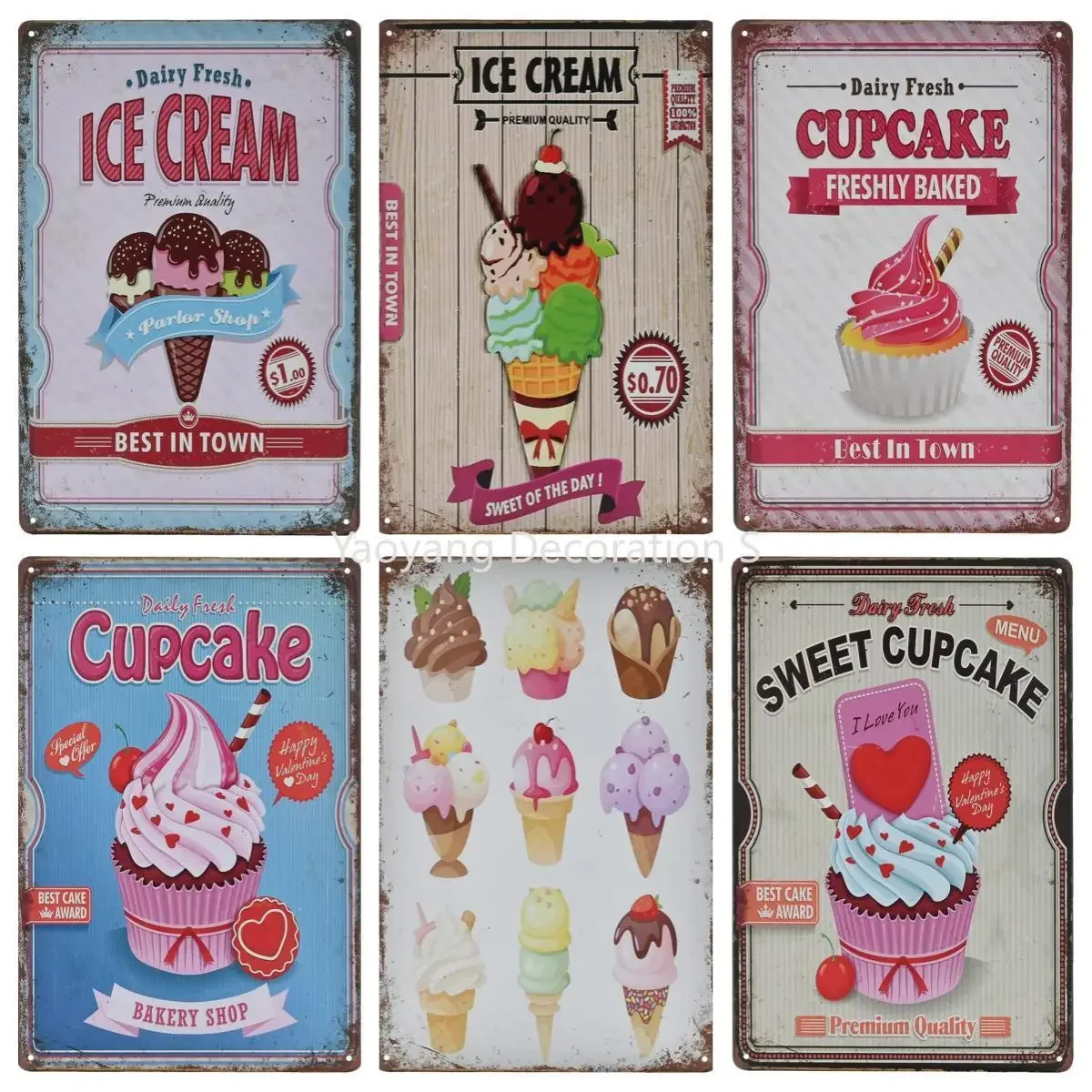 Vintage Metal Logo Paper Cup Cake Bakery Ice Cream Tin Logo Decorative Wall Decoration, Suitable for Dessert Shops Coffee Shops custom paper cup cake wallpaper coffee dessert cake shop bakery backdrop wall restaurant custom decorative mural wallpaper