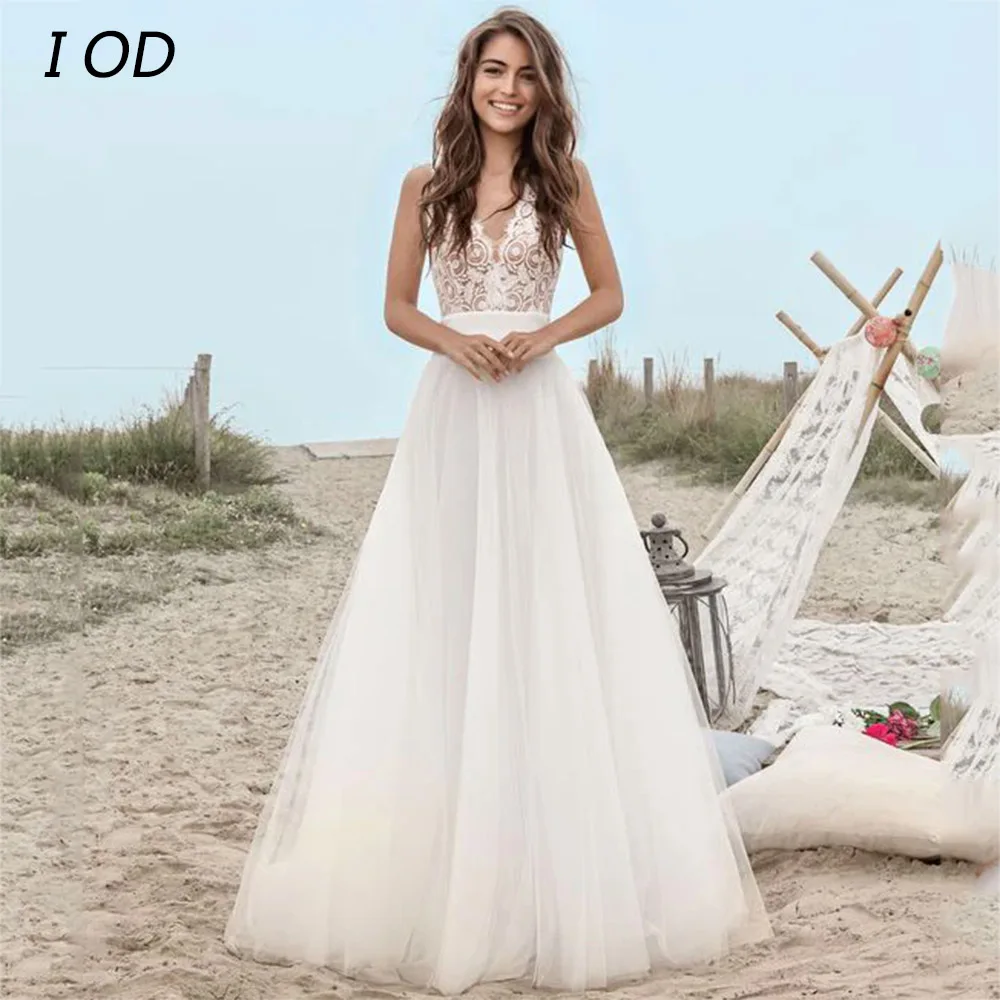 

I OD Modern V-Neck Wedding Dress Lace Appliques Sleeveless Backless Illusion Tulle Bridal Gown Floor Length Vestidos De Novia