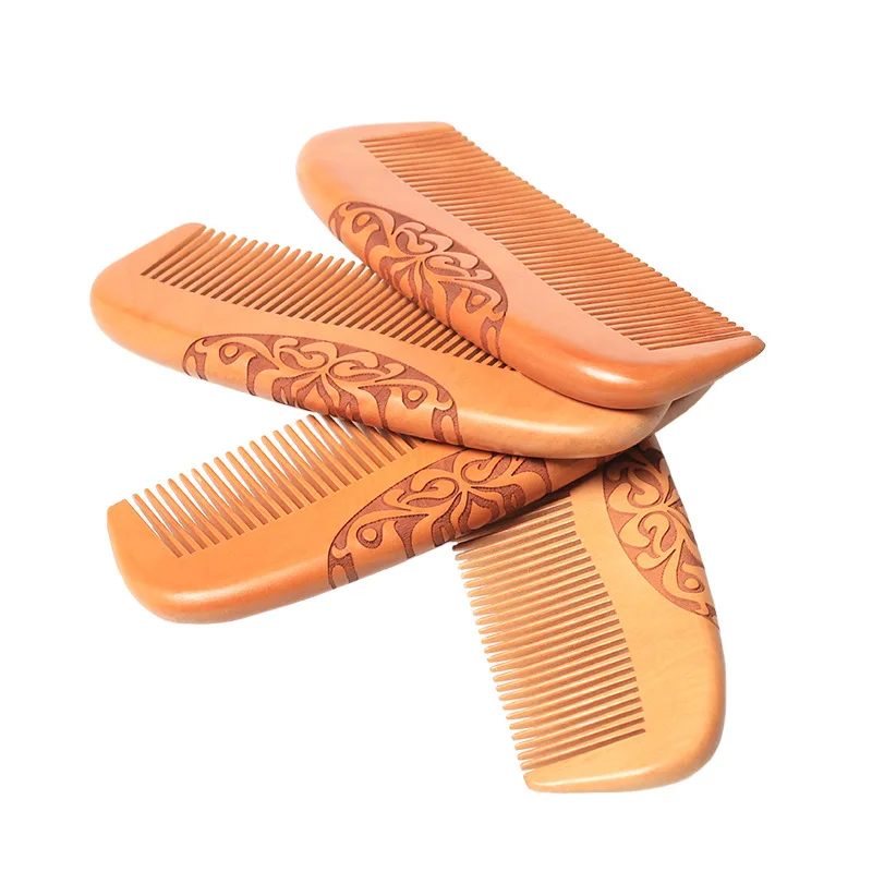 New Natural Peach Wood Comb Handcrafted Fine Tooth Comb Chinese Carved Anti-Static Head Massage Comb Hair Care Hair Styling Tool