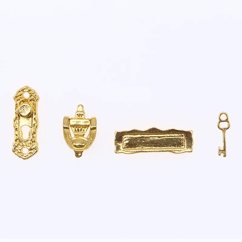 1:12 Mini Pull Handles Locks with Key Miniature Gold Metal Door Knocker DIY Furniture Dollhouse Hardware Accessories Decoration