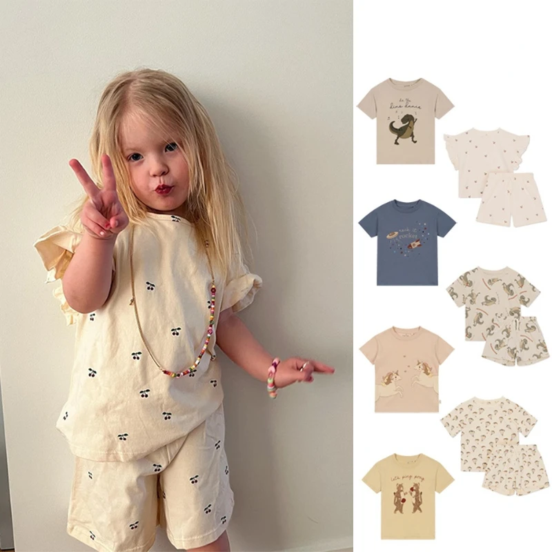 

Boys Girls Full Printed Cherry Short-sleeved Shorts Suit KS 23 Summer New Boys and Girls Organic Cotton T-shirt Tops