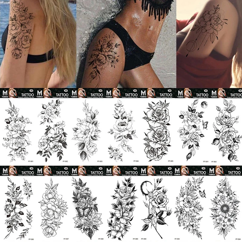 

Waterproof Temporary Tattoos Stickers Black Flower Water Transfer Sketch Rose Body Art Long Lasting Beauty Fashion Fake Tattoo