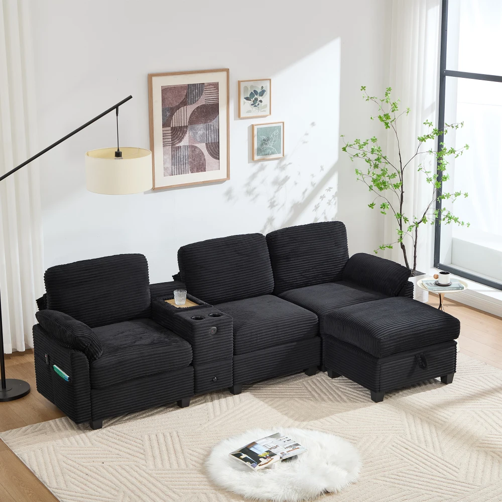Großes Kordelsofa mit Komfortschaumstoff, 2 Getränkehaltern, USB-C-Anschluss, Seitentasche, Ablagefach, mobilem Aufbewahrungsfach – Detail 26