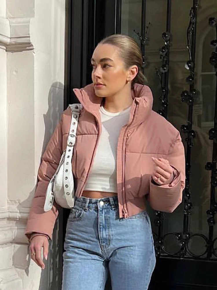 

French Solid Women's Cotton Coat Long Sleeve Cropped Coats Woman Stand Collar Parkas Vintage Casual Warm Winter Autumn Clothing