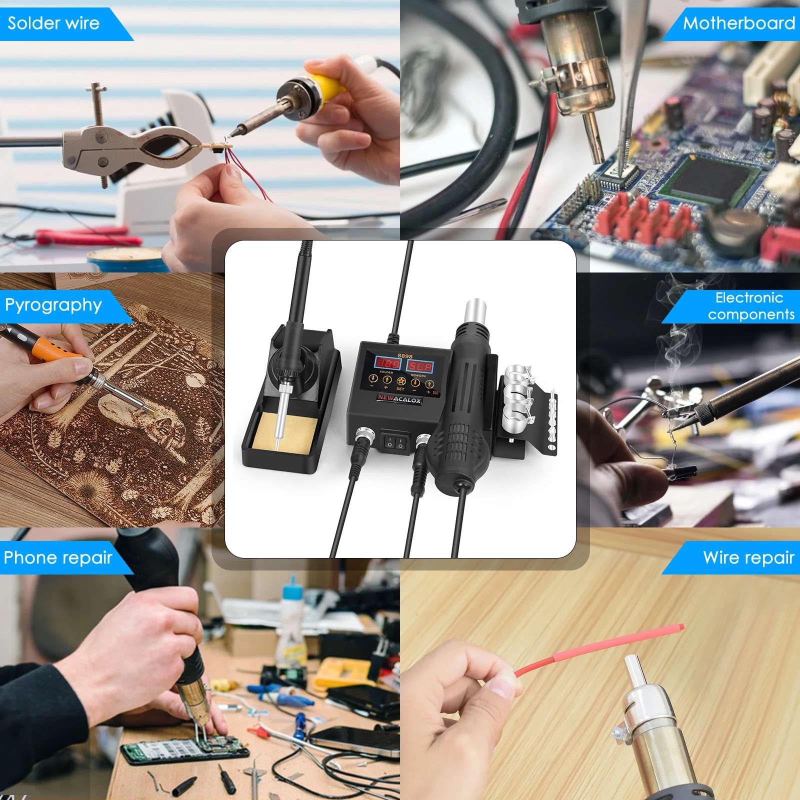 NEWACALOX 8898 2-in-1 Rework Soldering Station Hot Air Gun Electric Soldering Iron ℃/℉ Temperature Adjust for PCB IC Repair