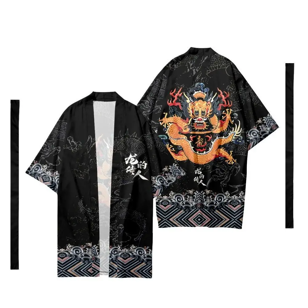 Men's Japanese Long Kimono Cardigan Samurai Costume Kimono Dragon Robe Shirt Yukata Outer Cover Tops