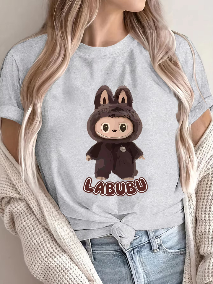 Women'S Casual Polyester T-Shirt with Geometric Labubu Print Short Sleeve Crew Neck Knit Fabric Top for All Seasons