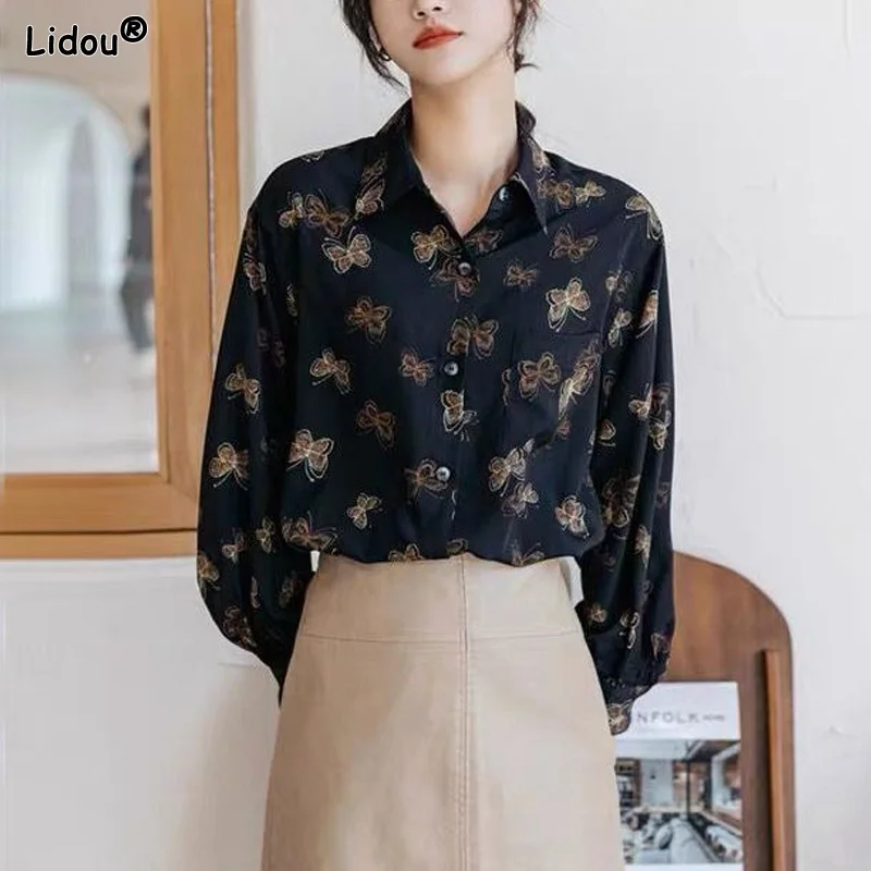 Straight Tops Turn-down Collar Blouses Printing Animal Loose Women's Clothing 2023 Fashion Spring Summer Thin Casual Hipster