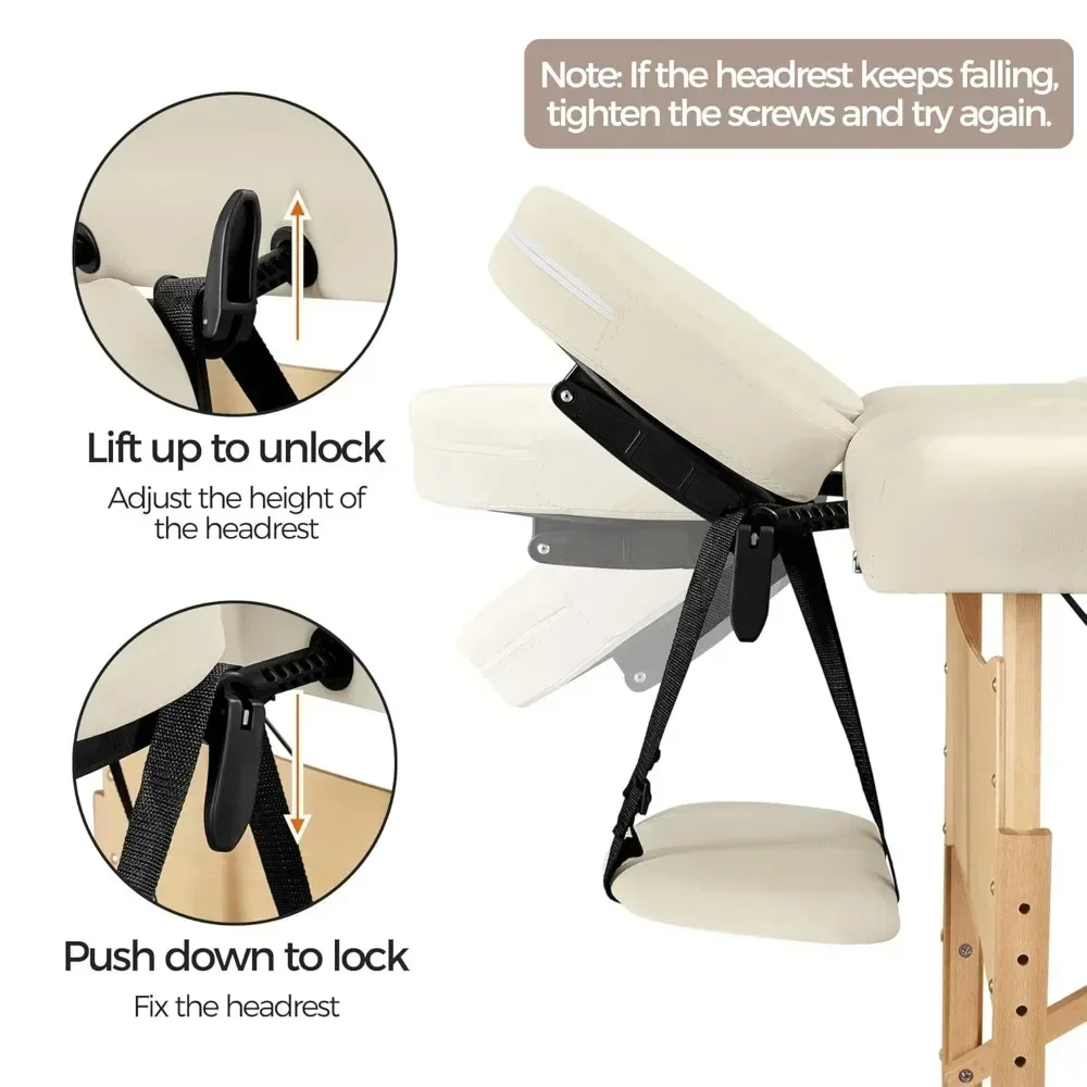 Portable Foldable Massage Table with Adjustable Lashes, Cream, 28 Inch, Non-Woven Bag Included