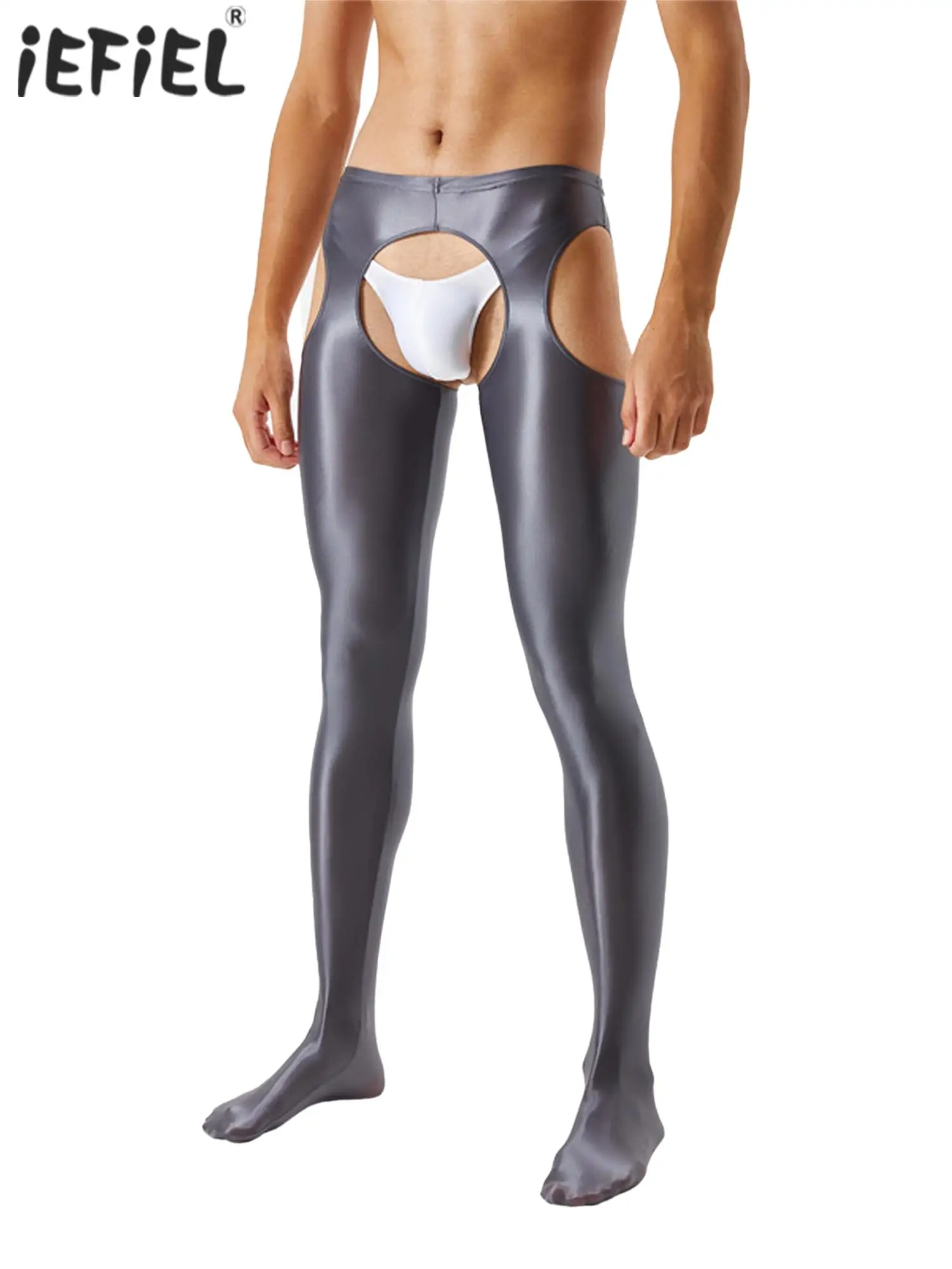 Crotch Open Sex Skinny Pants for Gay Mens Lingerie Crotchless Pantyhose Leggins Glossy Mid Waist Tights Hot Cutout Leggings
