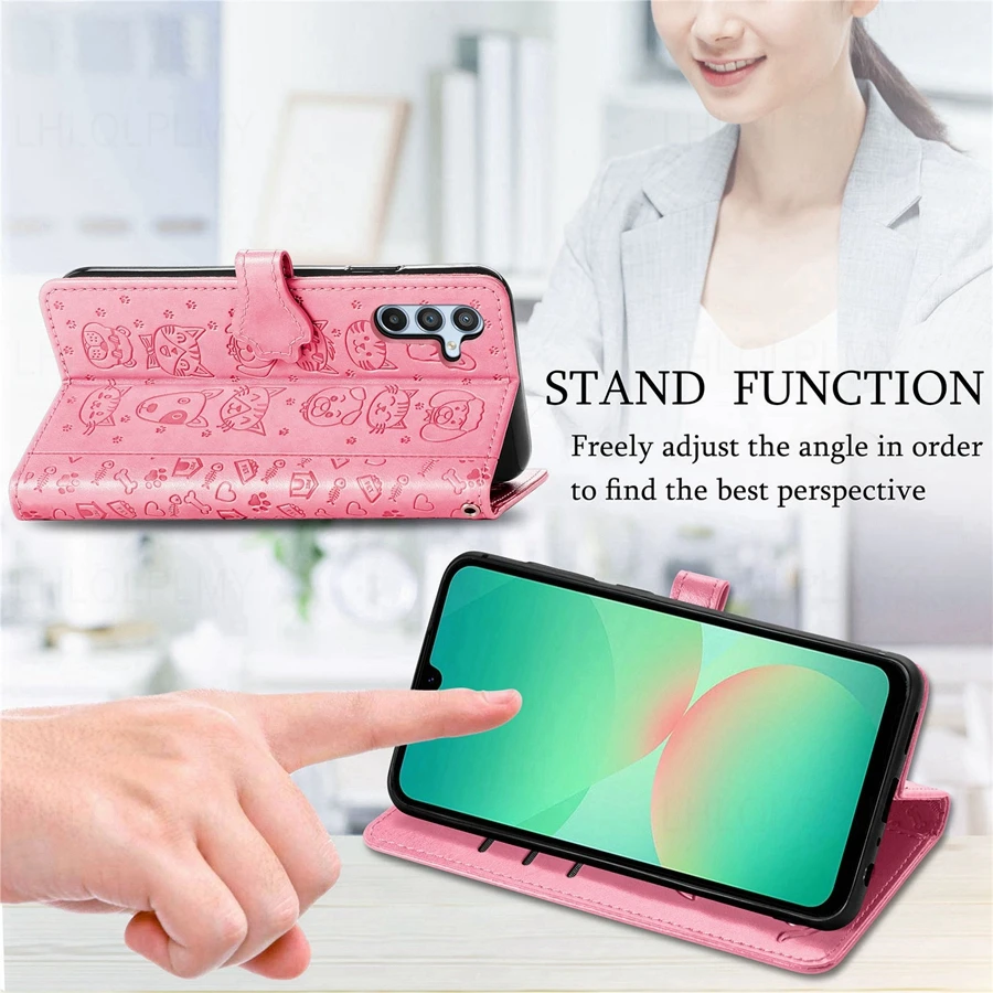 Leather Wallet Flip Case with Cat and Dog Motif Cover