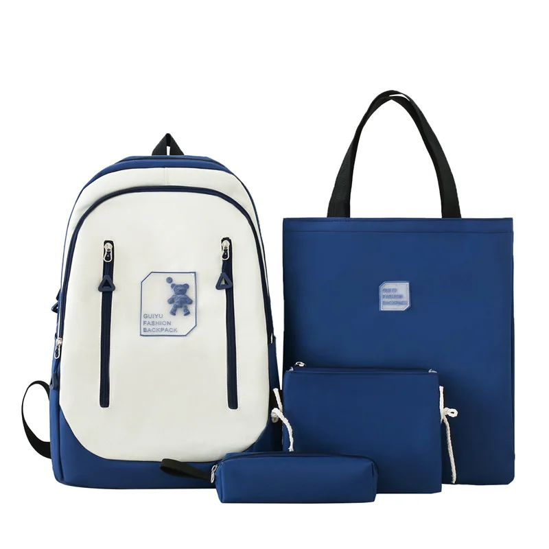 

Холщовый Рюкзак с милым плюшевым медведем для девочек-подростков, комплект из 4 предметов, школьный ранец для женщин, водонепроницаемый портфель для ноутбука для начальной школы