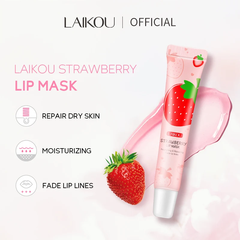 LAIKOU Strawberry Lip Balm Sleeping Mask Night Moisturizer Repairing Remove Lip Wrinkle 18g