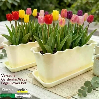 Fioriera Rettangolare con Bordo Ondulato Color Crema con Sottovaso, Spessa e Resistente ai Raggi UV, Perfetta per Balcone, Patio, Giardinaggio di Fiori ed Erbe, Casa