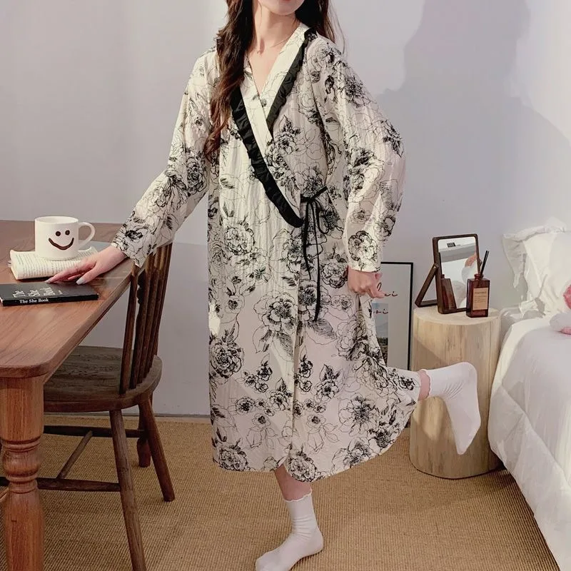 Korean Version Sweet Women's Nightdress Spring and Autumn Lace-up Pajamas Loose Casual Home Wear Mid-length Lacework Nightdress
