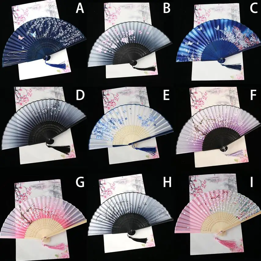 Silk Bamboo Folding Fan Chinese Japanese Style Flower Printed Fan Art Dance Hand Vintage Folding Hand Wedding Gift