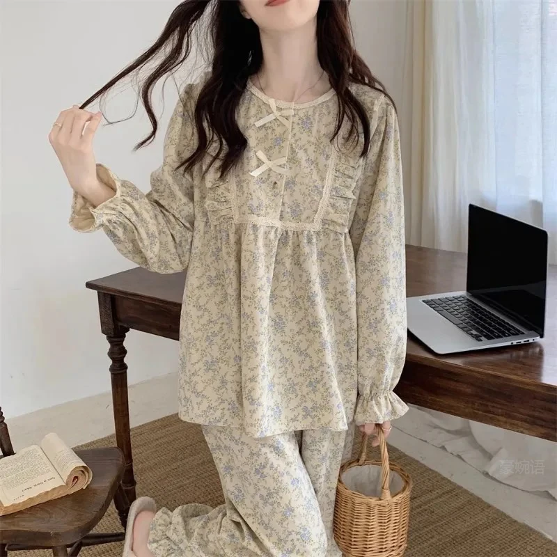 Women Plus Size Pajamas Garden Style Two-Piece Korean Version Bow Long-Sleeved for Homewear Outside