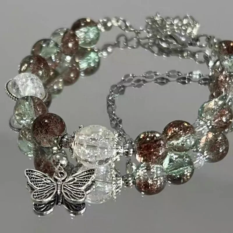 Beaded Bracelet Creative Personalized Red Crystal Feather Pendant Vintage Elastic Beaded Chain for Women