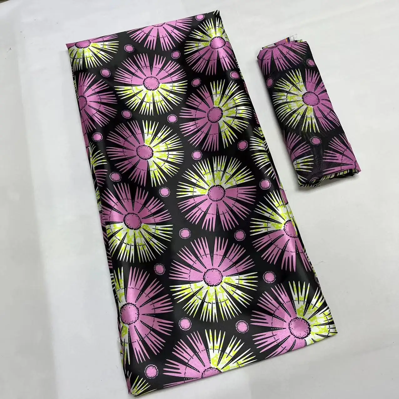 

High Quality Purple Flower Design 4yards African Stain Silk Print Fabric with 2yards Chiffon Print Fabric Set for Dress M619-1