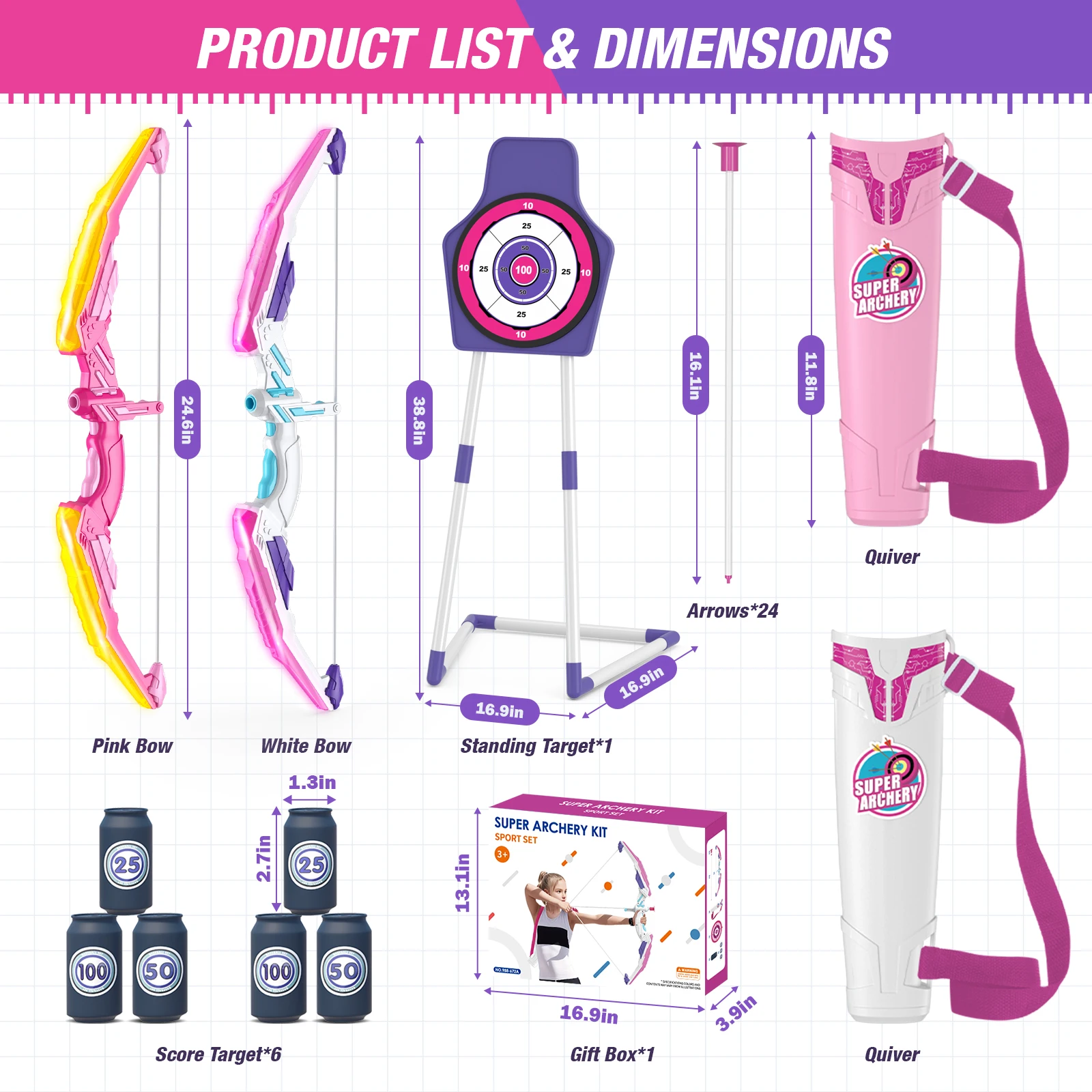 2 Pack Archery Set - Includes 2 Bows, 24 Suction Cup Arrows & 2 Quivers & Standing Target, Outdoor Light Up Toys for Boys Girls 2
