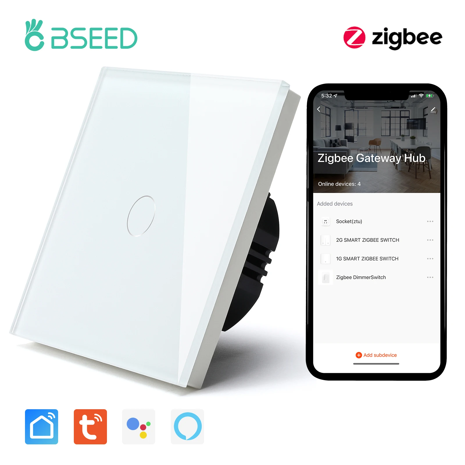 Сенсорный выключатель BSEED Zigbee умный настенный света 1/2 клавиши с поддержкой Tuya