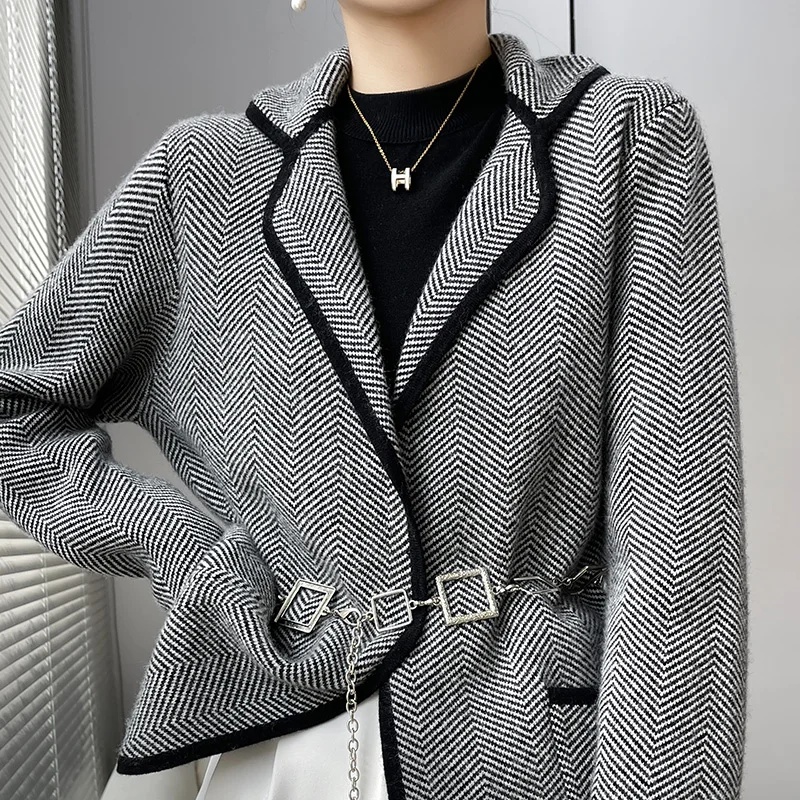 

Women's cardigan 100% pure wool sweater 2022 new pure color knitting long sleeve lapel wool sweater high-grade fashion coat top