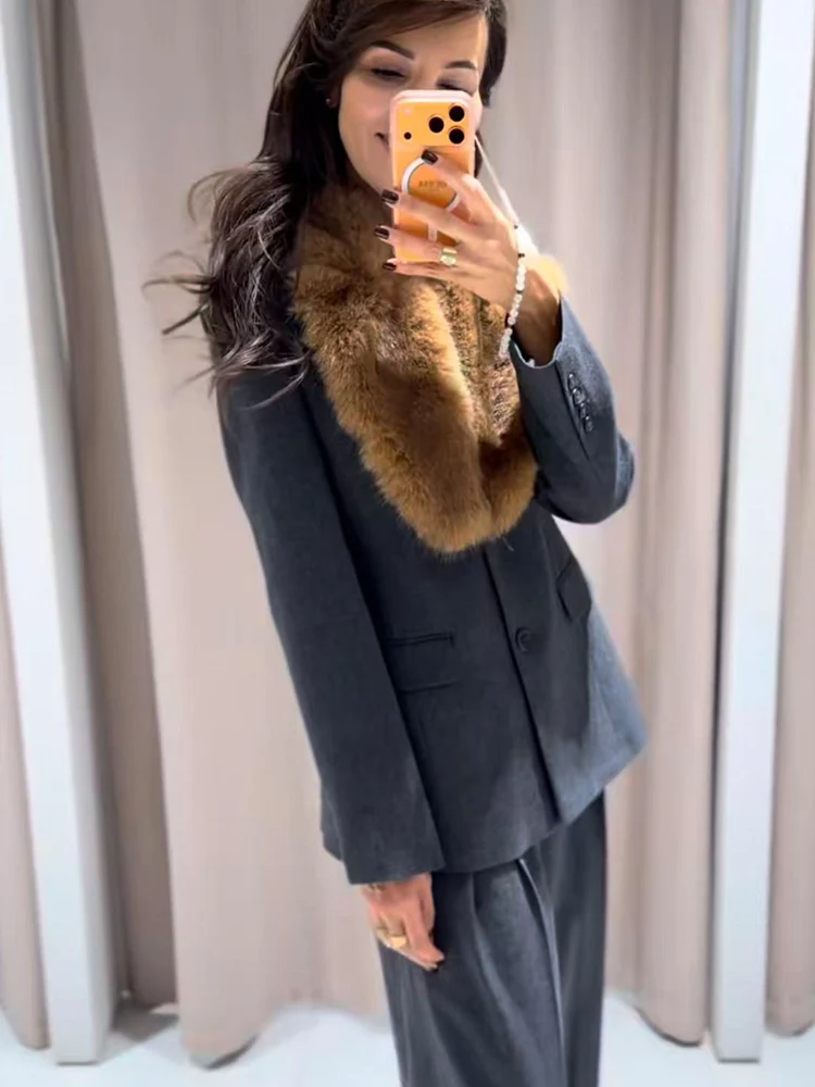 Women Fur Collar Suit Coats Elegant Casual Lapel Long Sleeve Pockets Decoration Single Breasted Ladies Slim Fashion Blazers