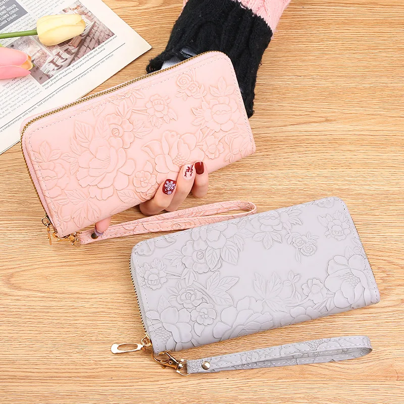 Floral Embossed Long Wallet PU Leather Credit Card Holder Simple Trendy Phone Coin Clutch Purse for Women Hand-painted Wallet