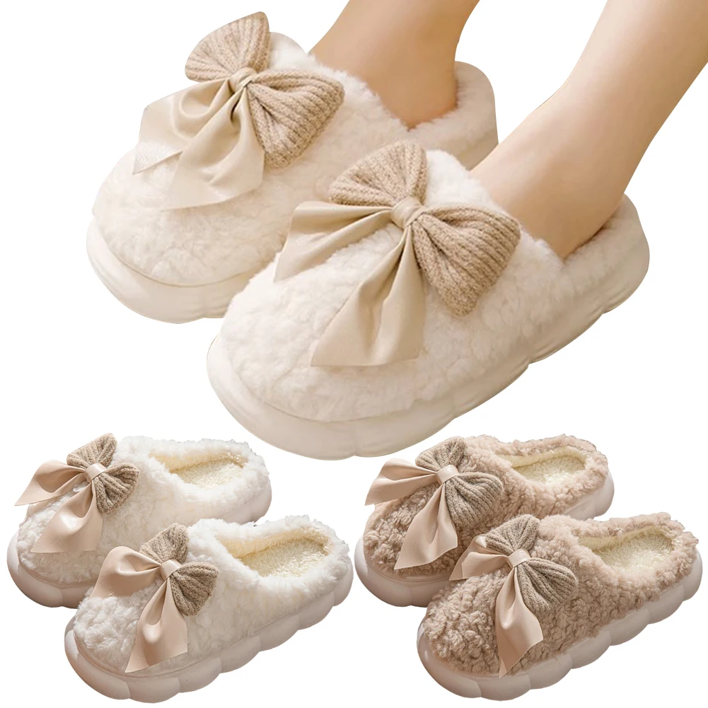 Women Plush Bow Slippers Flat Thermal Slippers Breathable Furry Closed Toe Thick Sole Bow for Indoor Bedroom