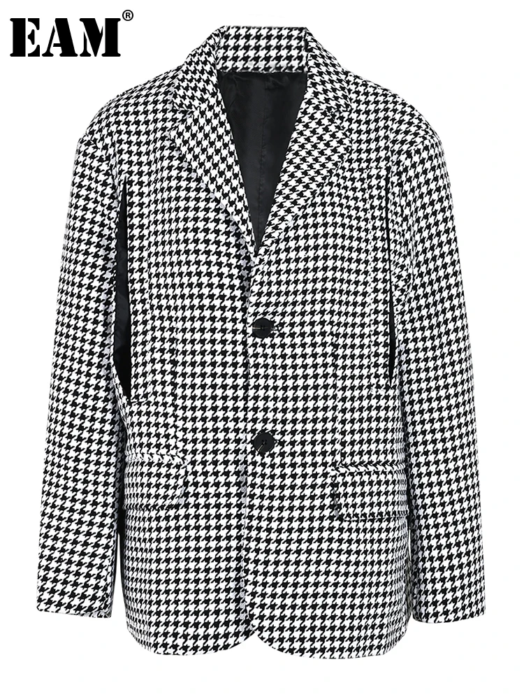 

[EAM] Women Black Plaid Big Size Cape Blazer New Lapel Long Sleeve Loose Fit Jacket Fashion Tide Spring Autumn 2023 CPG0017