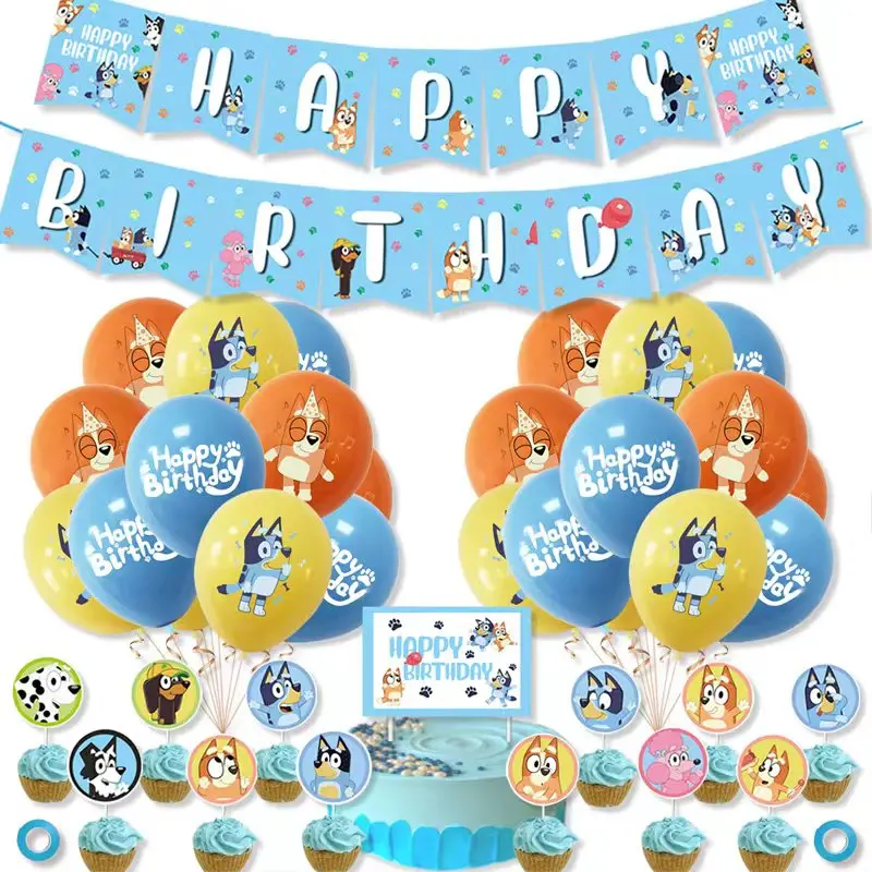 Cartoon Blueys Dog Birthday Party Supply Disposable Banner Cake Topper Hanging Flag Balloons Set Birthday Decorations