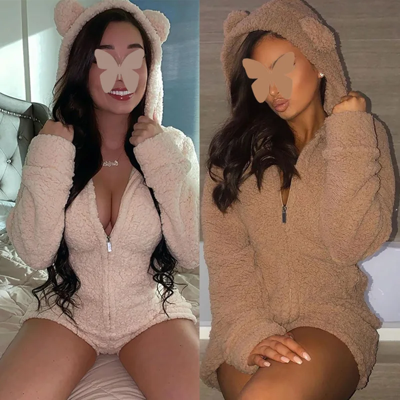 

Fall and Winter New Plush Thickened Sexy One-piece Shorts Loungewear Rabbit Dress Up Hooded Pajamas