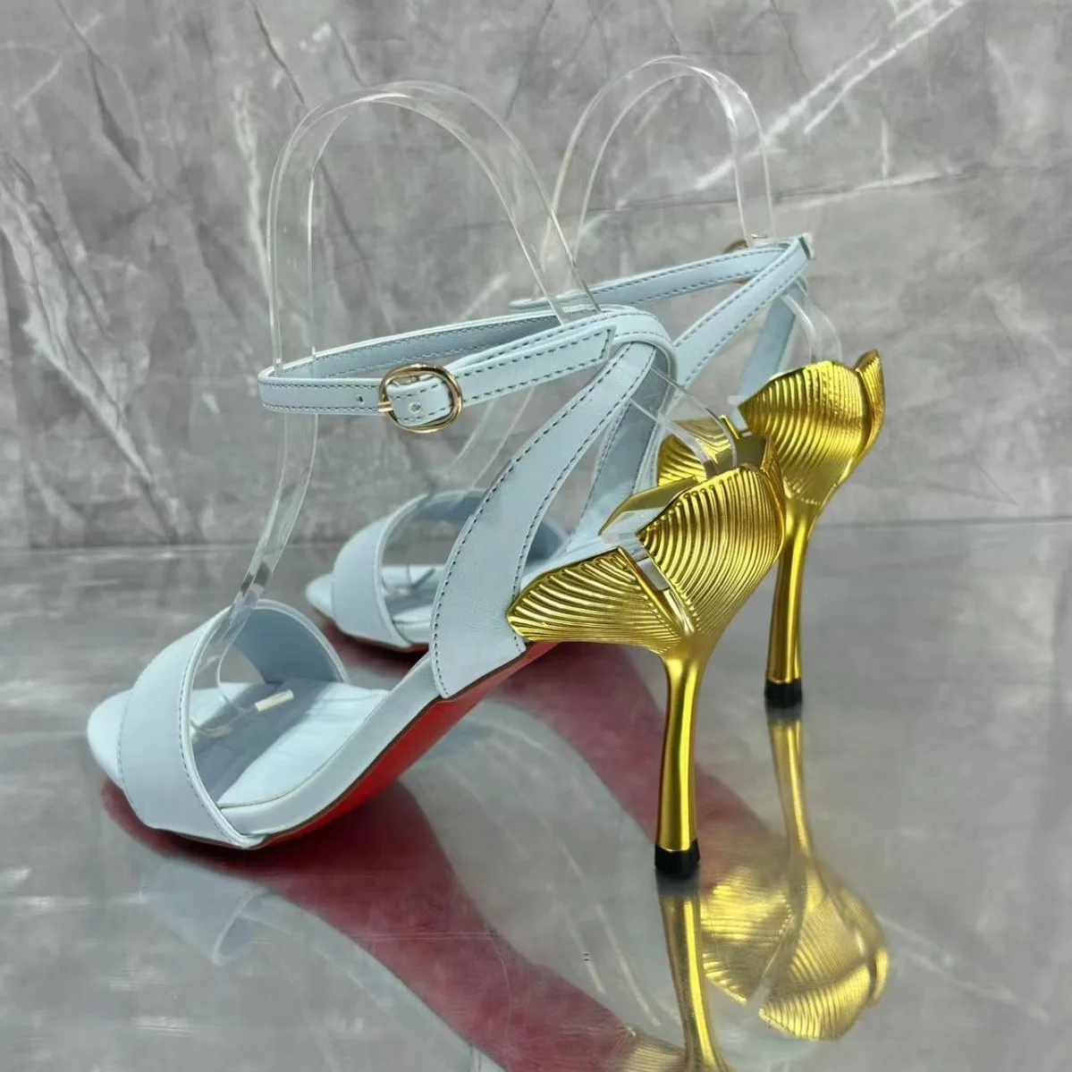 European and American Fashion Bright Colored Irregular Heels with Thin Straps, Women's High Heels, Sandals, Metal Heels