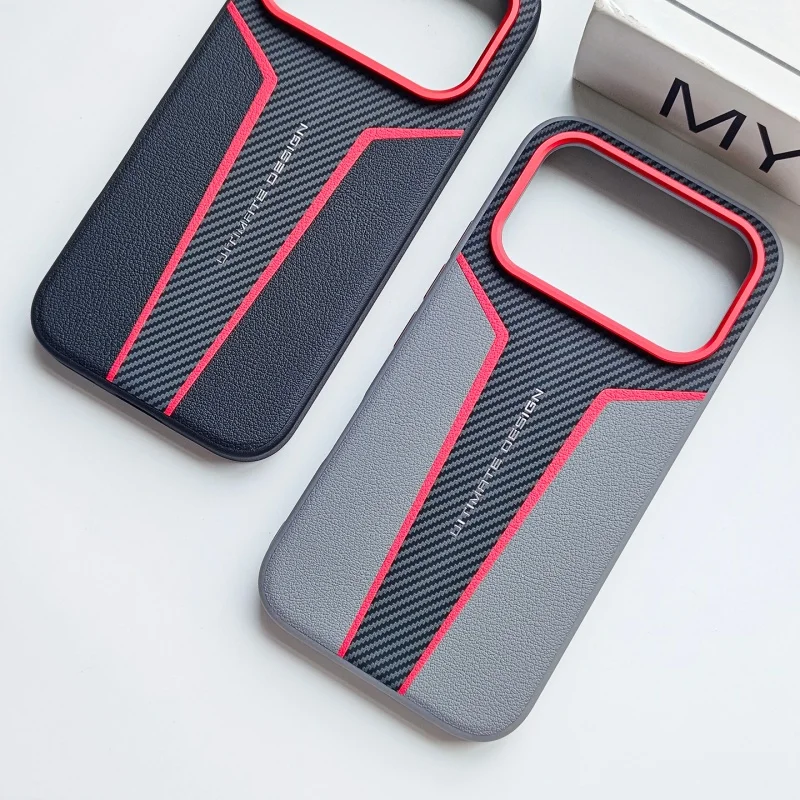 Premium Carbon Fiber Leather Protective Case with Metal Lens Ring - Anti-Drop Full Coverage