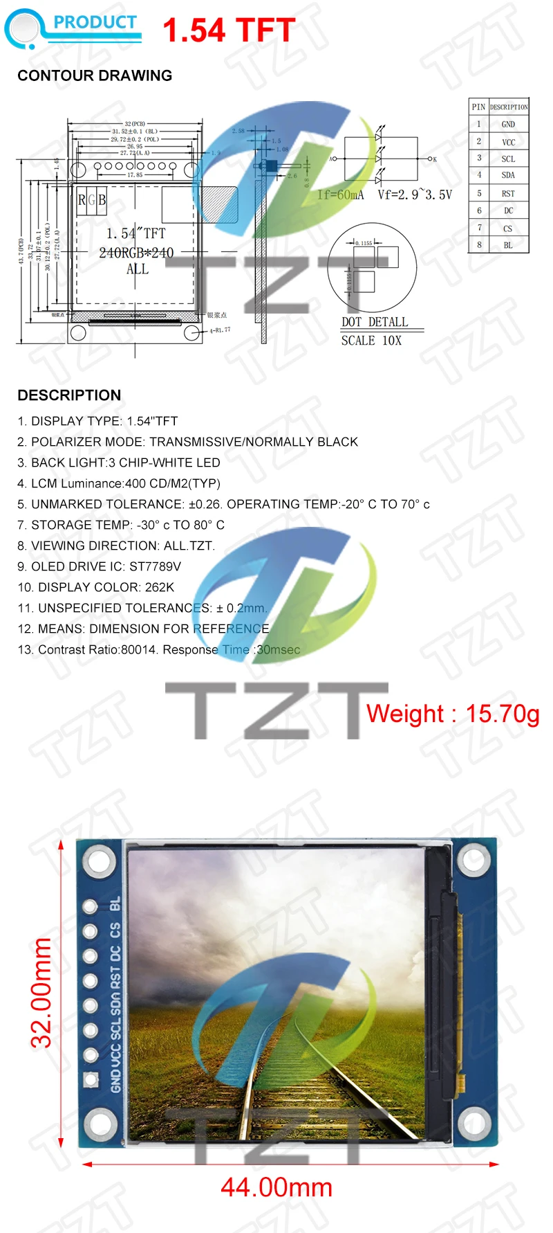 1,54 Zoll LCD SPI Serial Port Modul TFT Farbbildschirm ST7789 Fahrauflösung 240x240 LCD Liquid Crystal Display Modul 3,3V – Detail 1