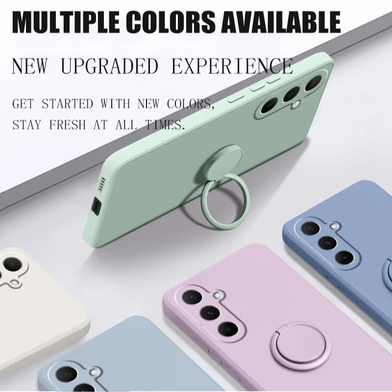 Enhanced Solid Color Silicone Phone Case with Finger Ring Stand Holder and Lens Protection