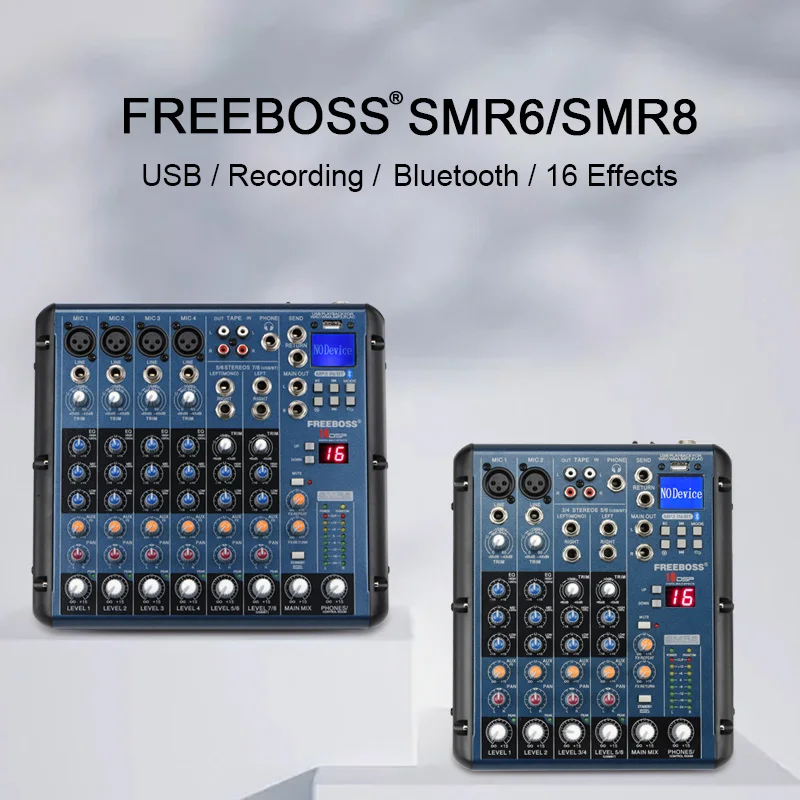 Audio Mixer Freeboss 8 Channel Sound Mixing Console Bluetooth USB Record 16 DSP Delay Effect Church School Karaoke Party DJ Audio Mixer SMR8