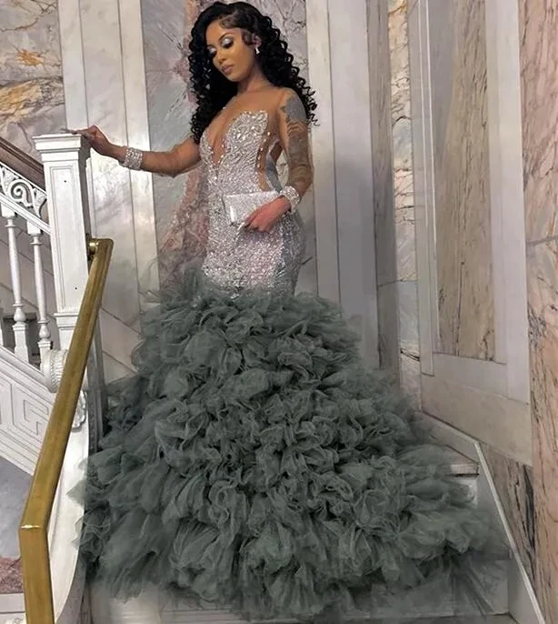 

Ruffled Aso Ebi African Evening Dresses Mermaid Long Sleeves Tulle Beaded Long Ghana Nigeria Black Girls Evening Gown Prom