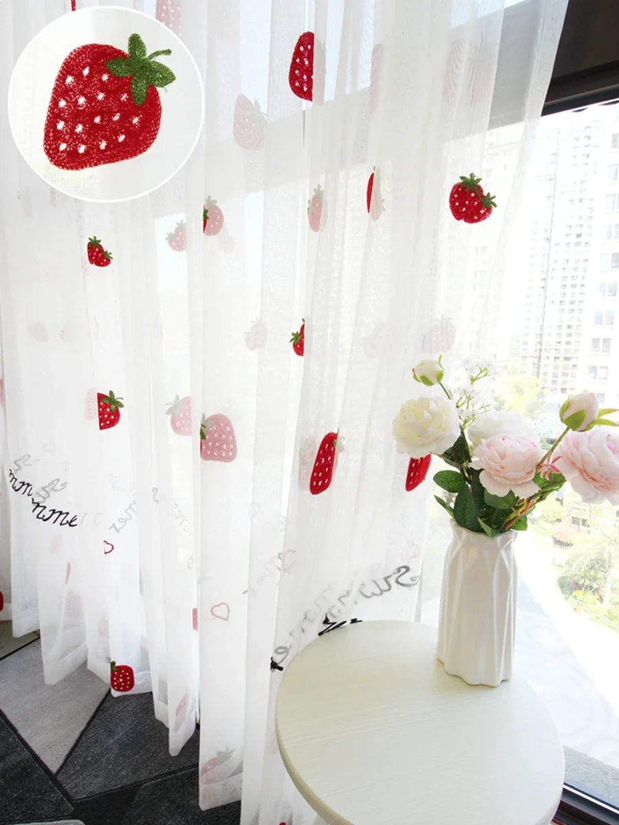 Decor Curtains Embroidered Curtains Window Curtains Modern Minimalist Fruit Tulle For Kitchen Bedroom Cute Strawberry Embroidery Curtains For Bedroom For Living Room Home Decor