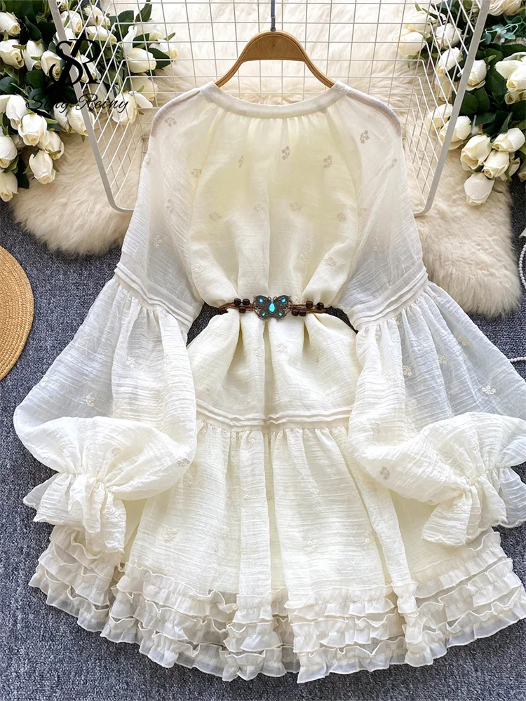 SINGREINY Summer Embroidery MIdi Dress Ladies Lantern Sleeves Ruffles Butterfly Sashes French Folds Vintage Holiday Sundress 2