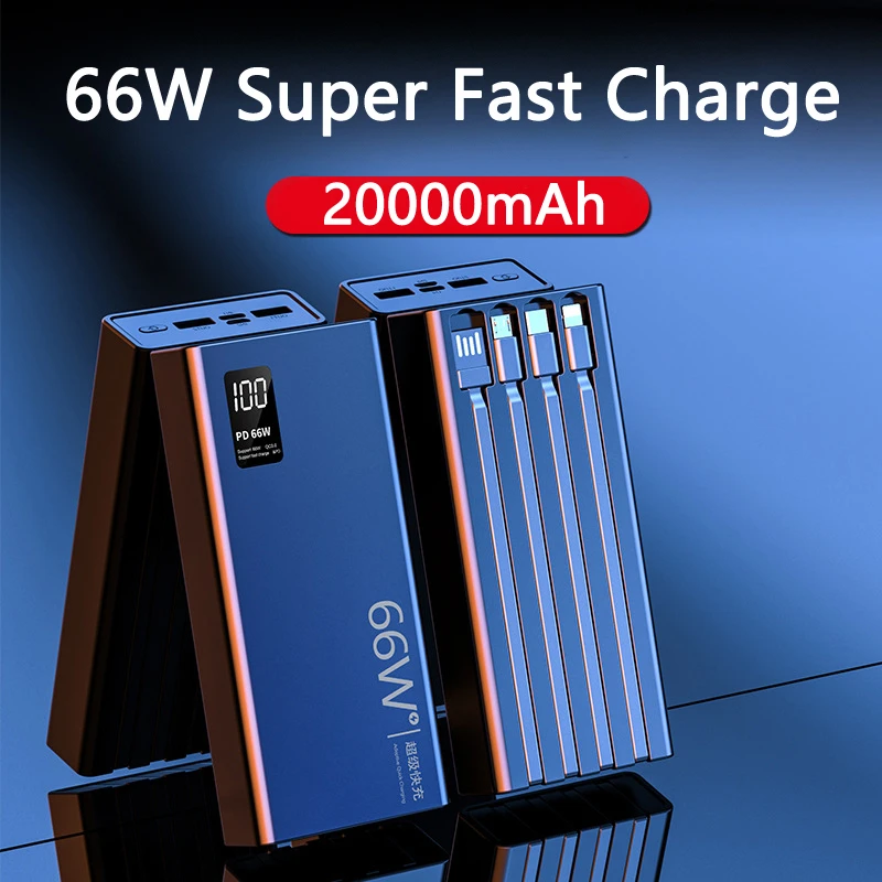

20000mAh Power Bank 66W Fast Charging for Huawei P40 Powerbank Built in Cable Portable Charger for iPhone 13 Samsung S21 Xiaomi